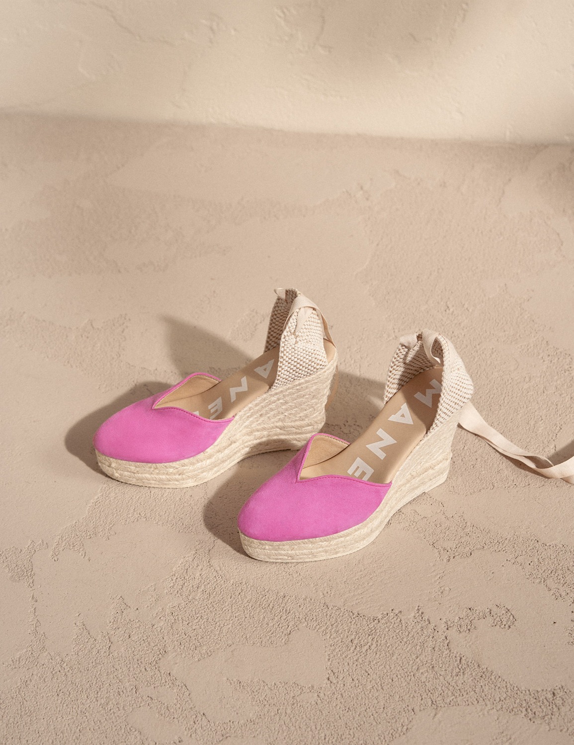 MANEBI Soft Suede Heart Shaped Wedge Espadrilles Hamptons Bold Pink